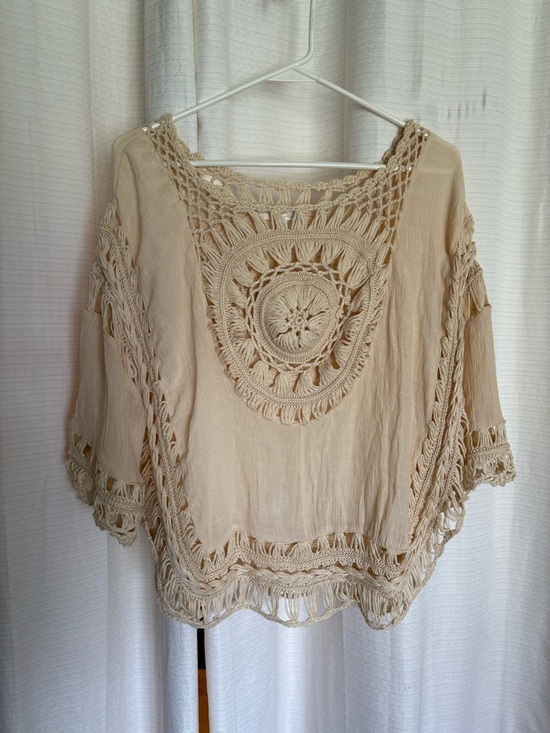 Rebellion Tops - Rebellion Crochet-Trim Boho Tunic in Beige